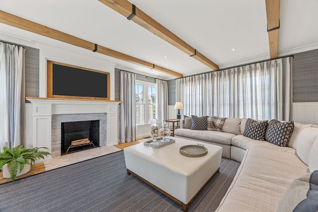 Fireplace, Interior, Living room, Recessed Lighting, Wooden Beams