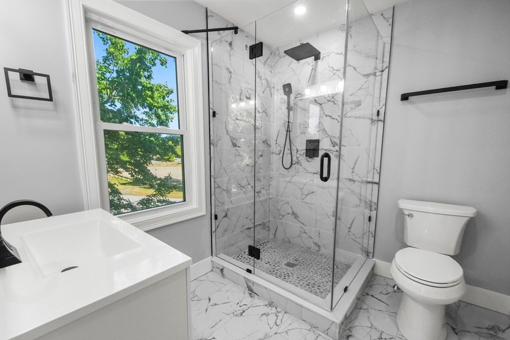 Bathroom, Glass Shower, Interior, Marble, Marble Walls, Recessed Lighting