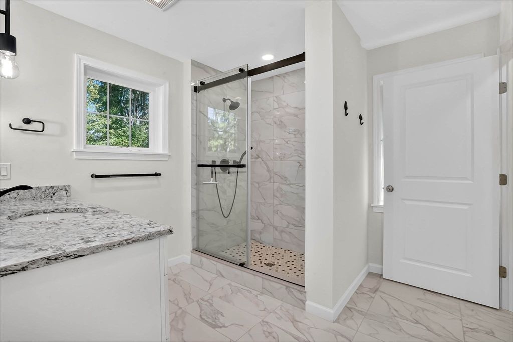 Bathroom, Glass Shower, Interior, Marble, Marble Walls, Recessed Lighting
