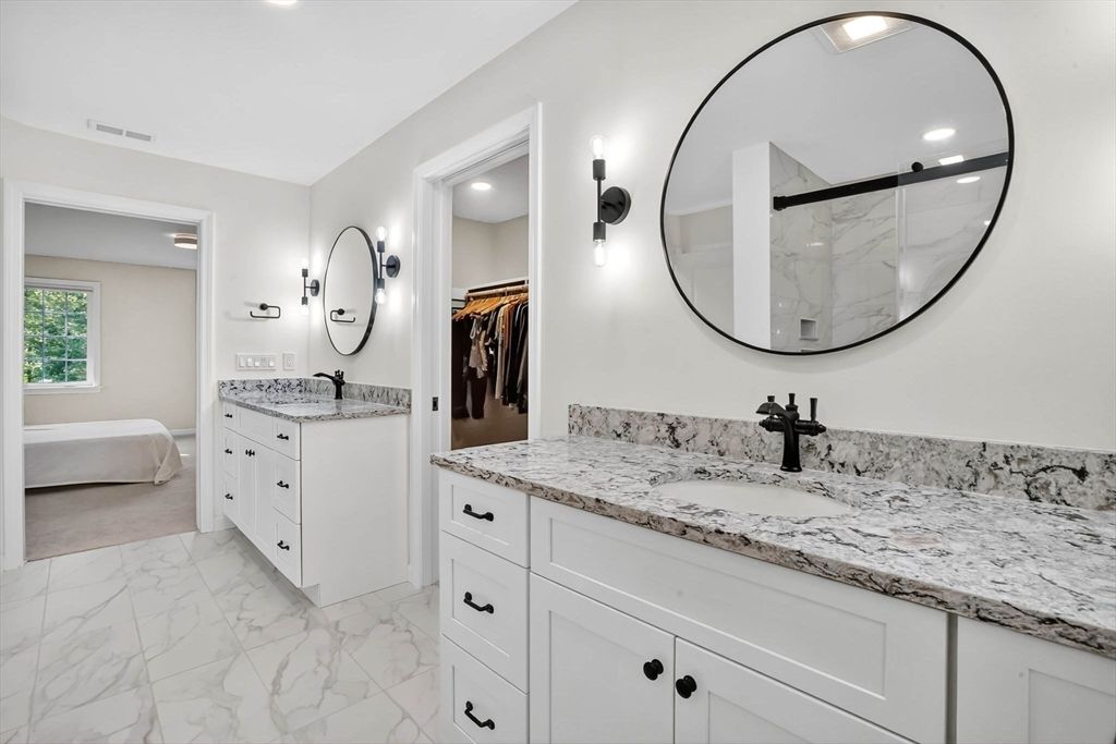 Bathroom, Dual Sink Vanities, Interior, Marble, Recessed Lighting