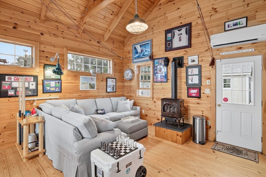 Fireplace, Interior, Living room, Pendant Lights, Wooden Beams, Wooden Ceilings, Wood Texture Flooring, Wooden Walls