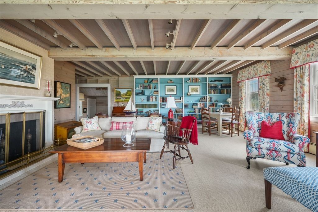 Dining room, Fireplace, Interior, Living room, Stone Walls, Wooden Beams