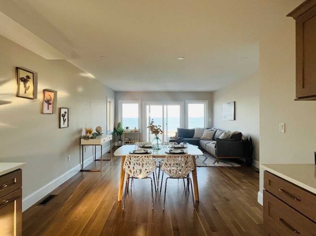 Dining room, Interior, Living room, Recessed Lighting, Water, Wood Texture Flooring