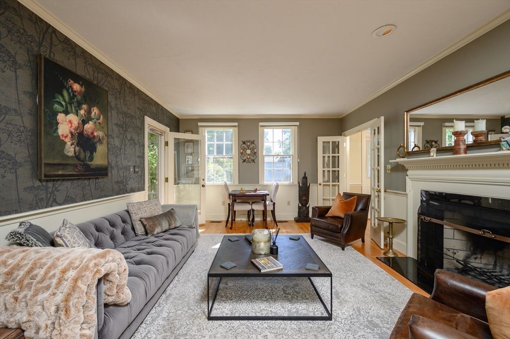 Dining room, Fireplace, Interior, Living room, Wood Texture Flooring