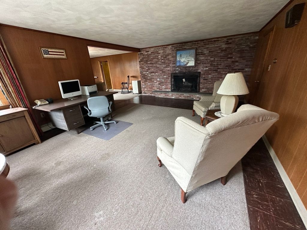 Fireplace, Home Office, Interior, Living room, Stone Walls, Wooden Walls