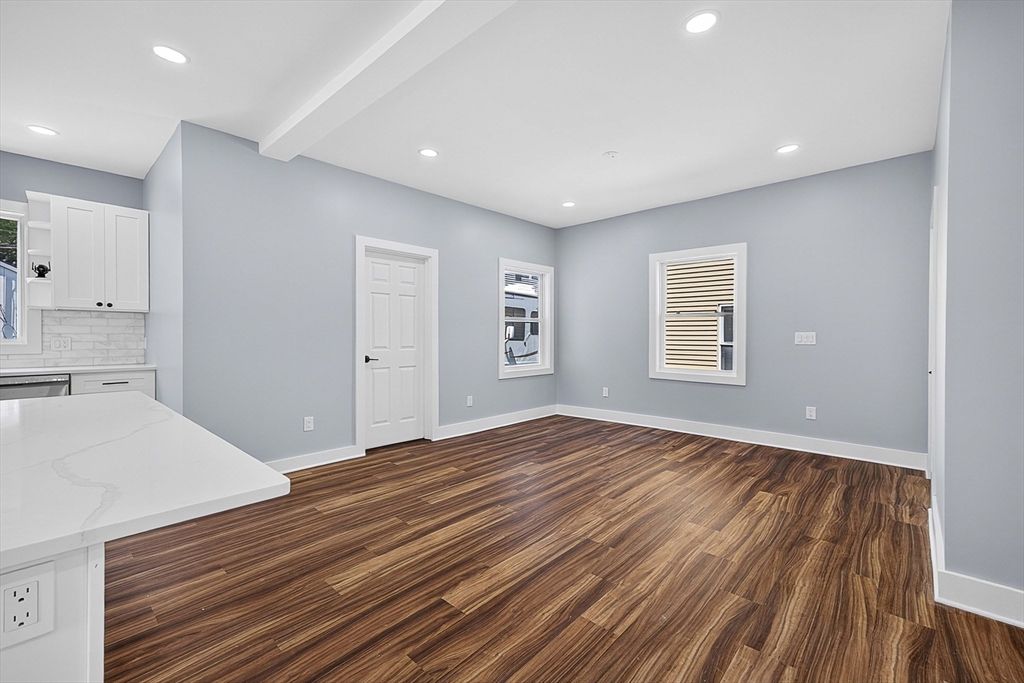 Empty room, Interior, Kitchen, Recessed Lighting, Wood Texture Flooring