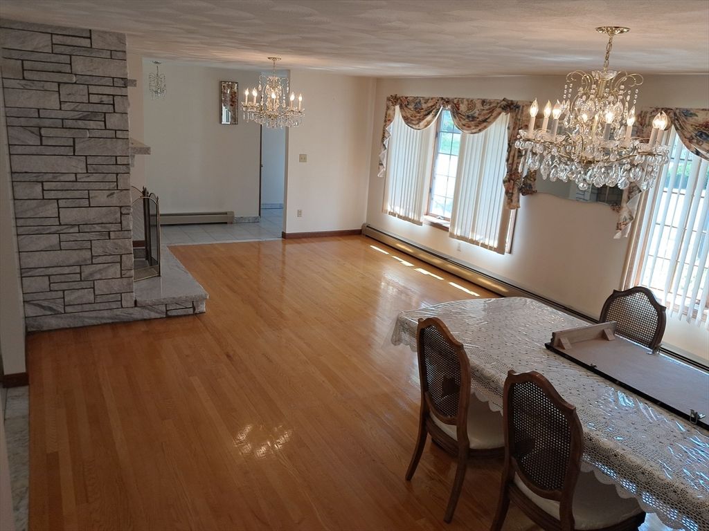 Chandelier, Dining room, Interior, Stone Walls, Wood Texture Flooring