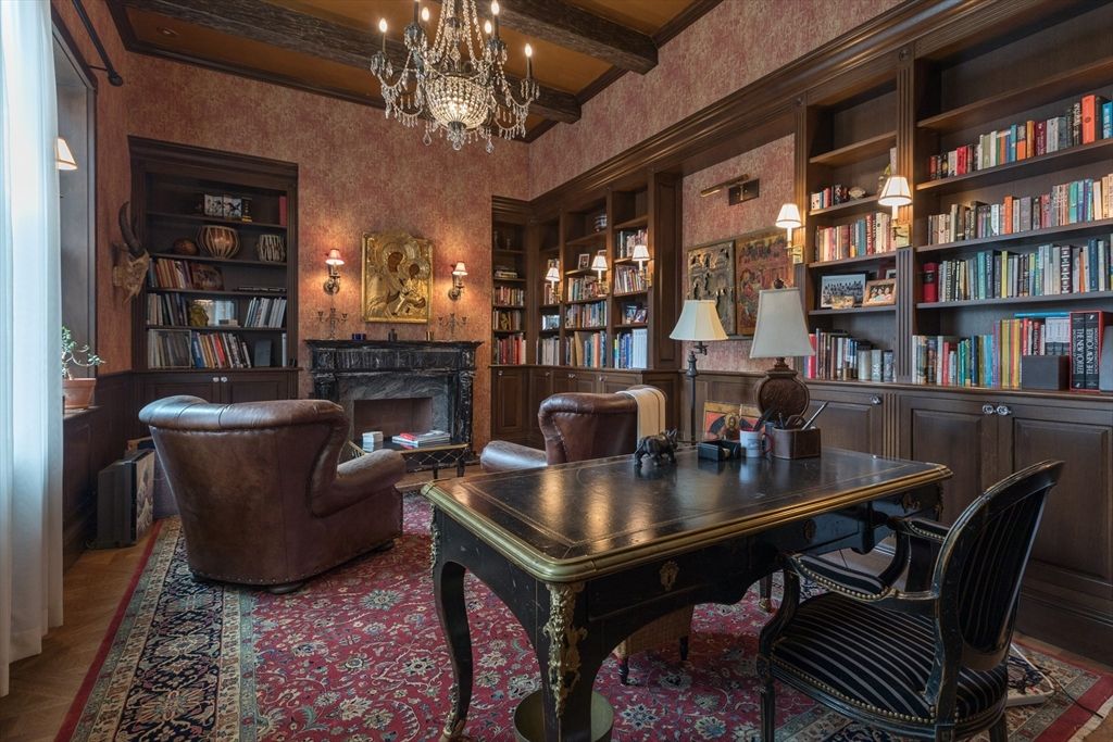 Chandelier, Fireplace, Home Office, Interior, Recessed Lighting, Wooden Beams, Wood Texture Flooring