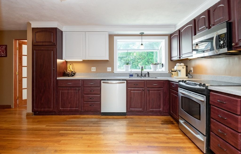 Interior, Kitchen, Pendant Lights, Stainless Steel Appliances, Wood Texture Flooring