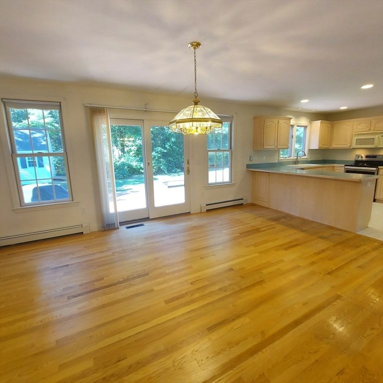Empty room, Interior, Kitchen, Pendant Lights, Recessed Lighting, Wood Texture Flooring