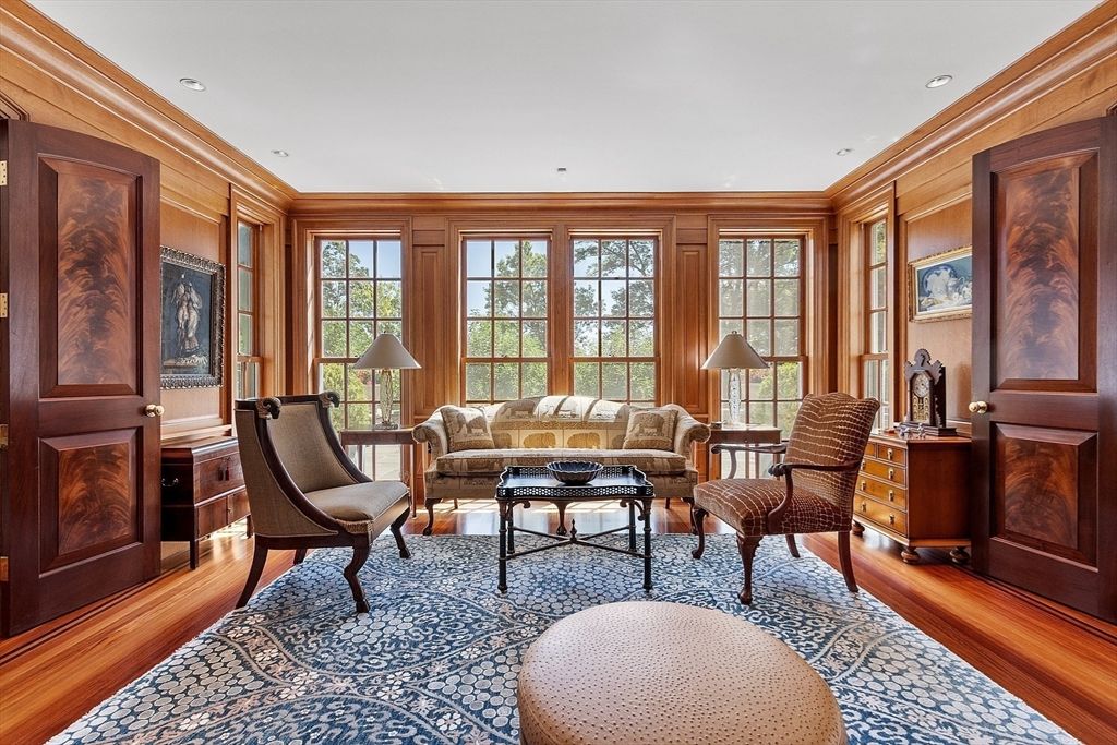Home Office, Interior, Living room, Recessed Lighting, Wood Texture Flooring, Wooden Walls