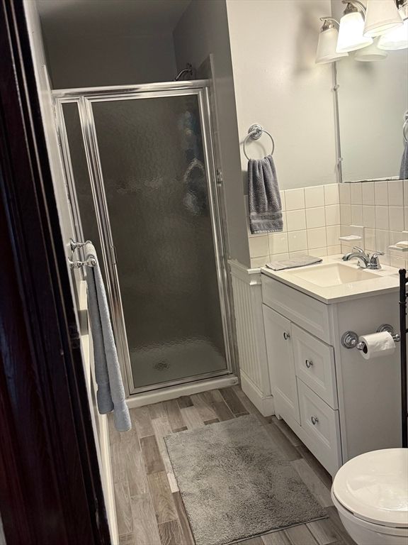 Bathroom, Glass Shower, Interior, Tile Countertops, Wood Texture Flooring