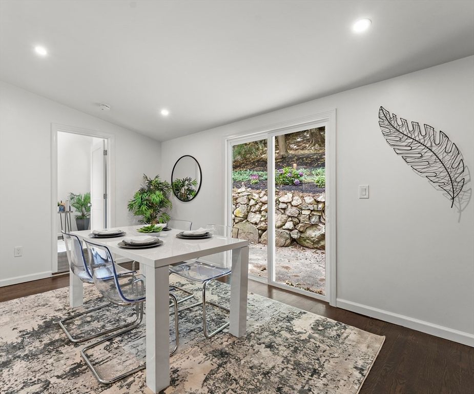 Dining room, Interior, Recessed Lighting, Stone Walls, Wood Texture Flooring