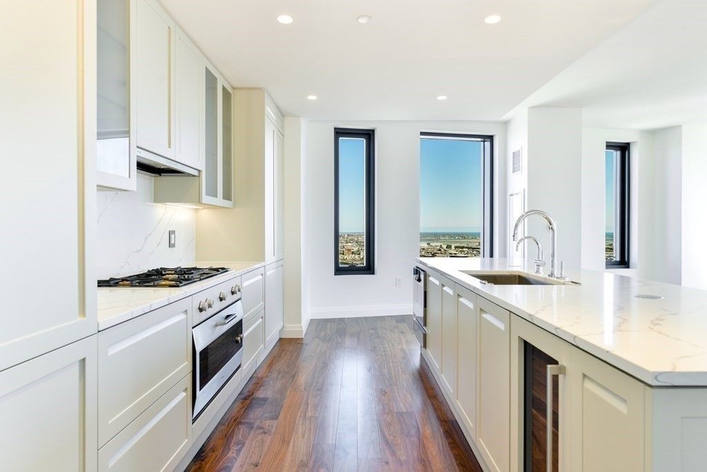 Interior, Kitchen, Recessed Lighting, Stainless Steel Appliances, Water, Wood Texture Flooring