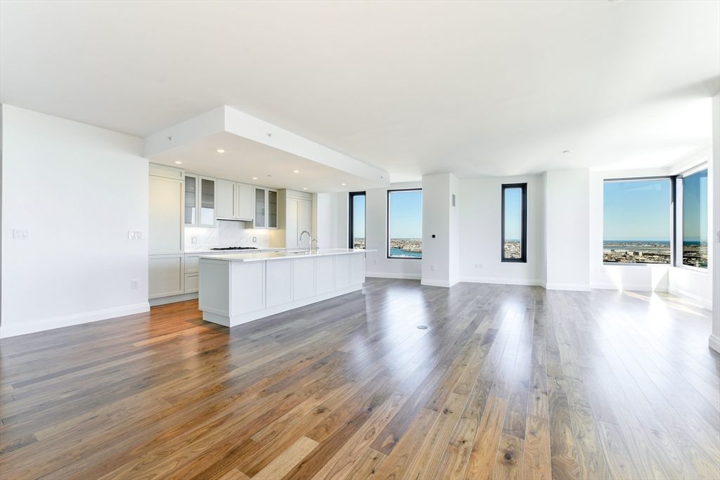 Empty room, Interior, Kitchen, Recessed Lighting, Water, Wood Texture Flooring