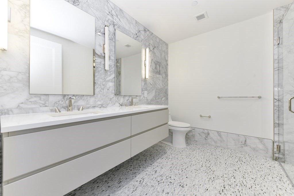 Bathroom, Dual Sink Vanities, Glass Shower, Interior, Marble Walls