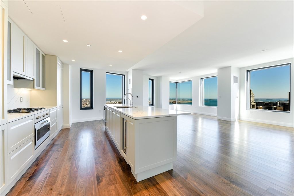 Interior, Kitchen, Recessed Lighting, Stainless Steel Appliances, Water, Wood Texture Flooring