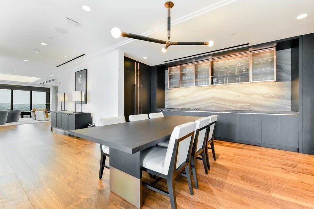 Dining room, Interior, Pendant Lights, Recessed Lighting, Water, Wood Texture Flooring