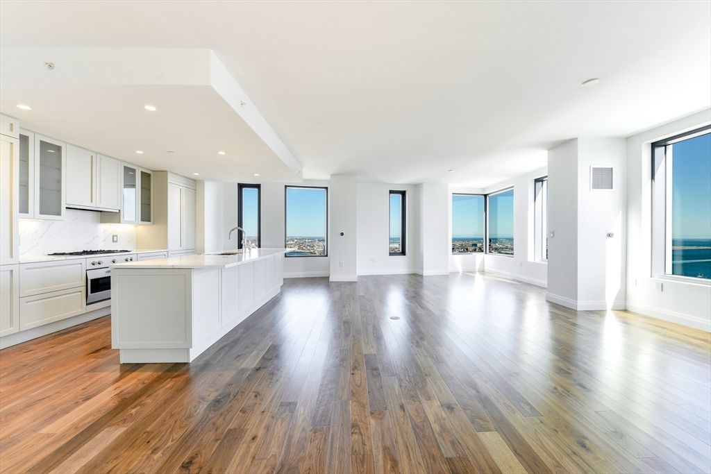 Empty room, Interior, Kitchen, Recessed Lighting, Water, Wood Texture Flooring