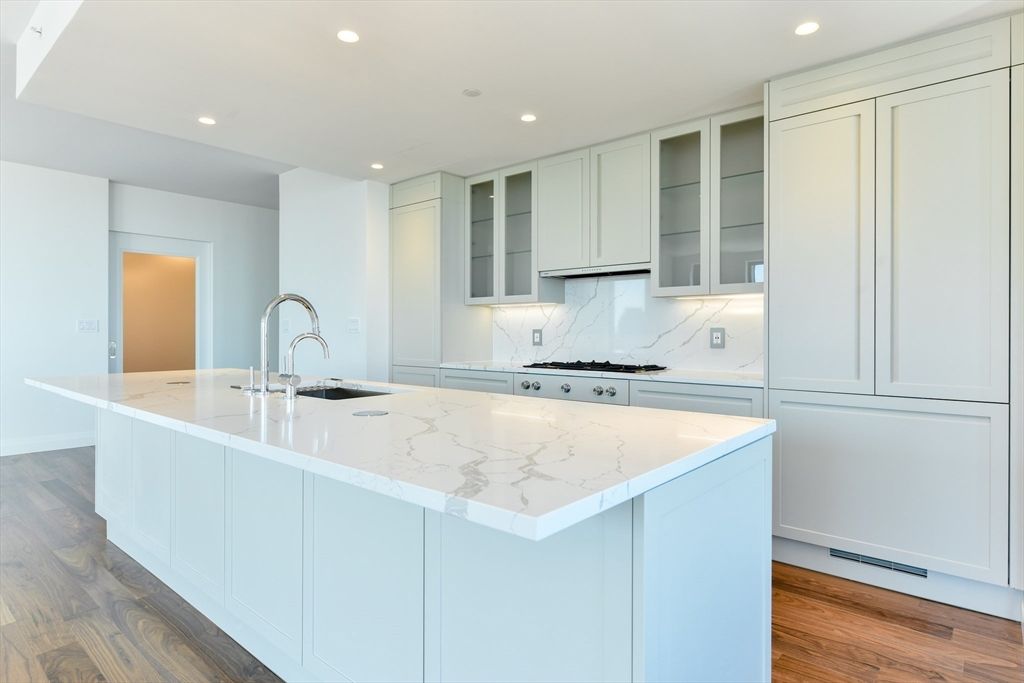Interior, Kitchen, Marble Walls, Recessed Lighting, Wood Texture Flooring