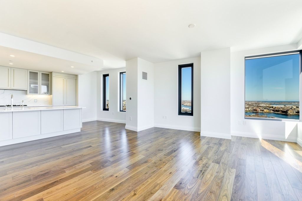 Empty room, Interior, Kitchen, Recessed Lighting, Wood Texture Flooring