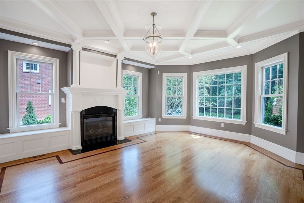 Empty room, Fireplace, Interior, Pendant Lights, Recessed Lighting, Wood Texture Flooring