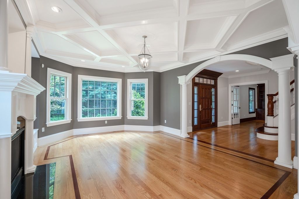 Empty room, Fireplace, Interior, Pendant Lights, Recessed Lighting, Wood Texture Flooring