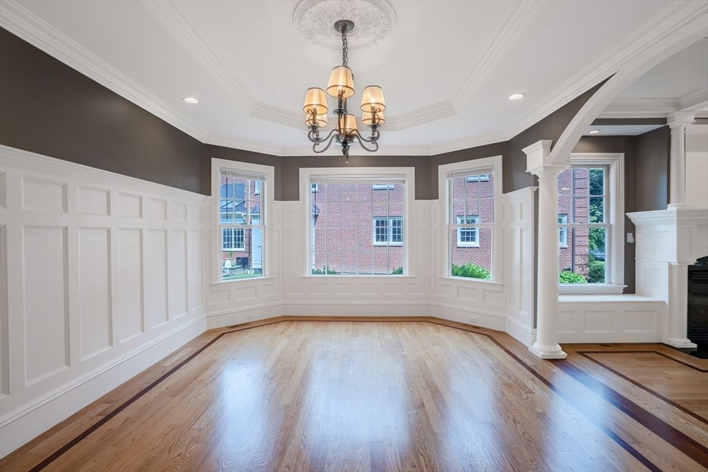 Chandelier, Empty room, Fireplace, Interior, Recessed Lighting, Wood Texture Flooring