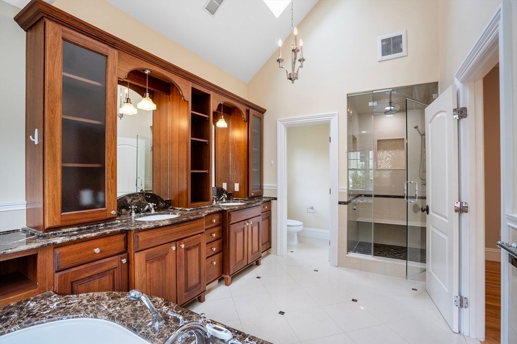 Bathroom, Dual Sink Vanities, Glass Shower, Interior, Pendant Lights