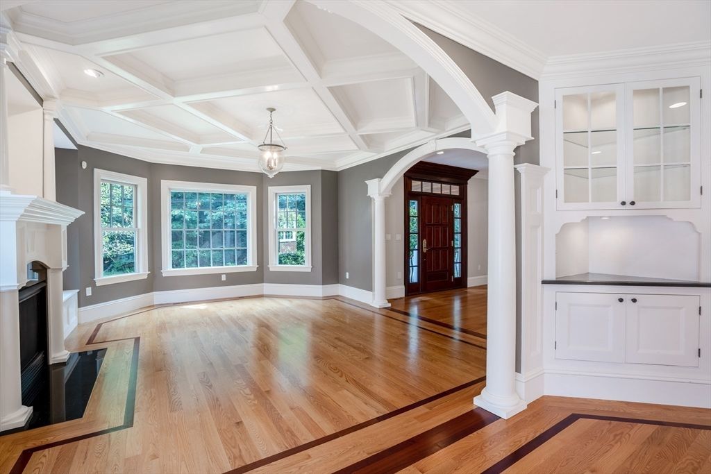 Empty room, Fireplace, Interior, Pendant Lights, Recessed Lighting, Wood Texture Flooring