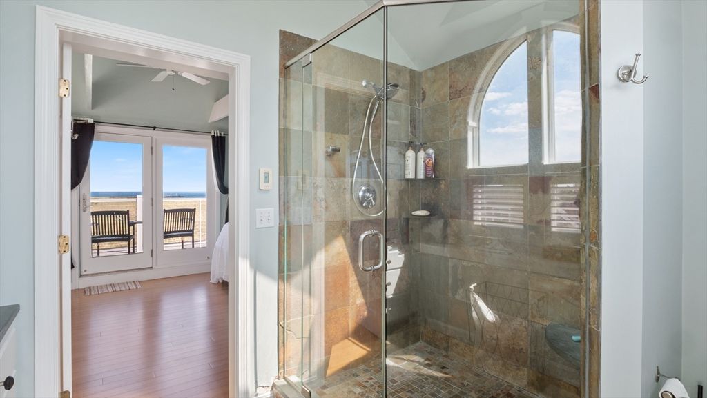 Bathroom, Glass Shower, Interior, Water, Wood Texture Flooring