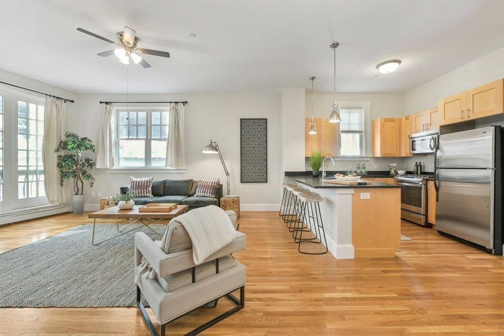 Interior, Kitchen, Living room, Pendant Lights, Stainless Steel Appliances, Wood Texture Flooring