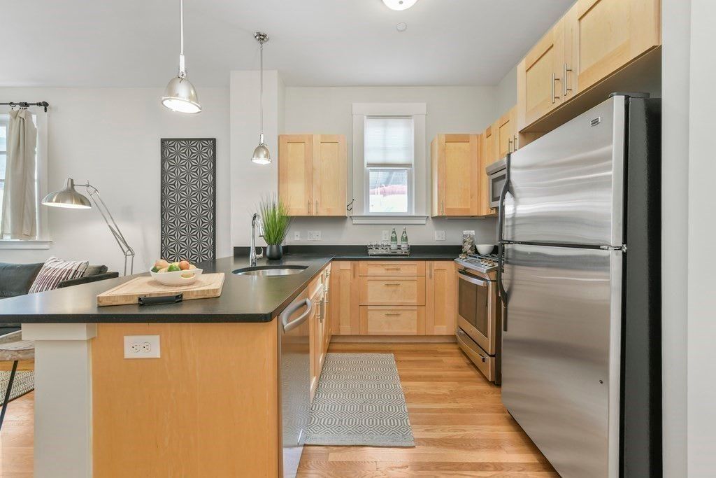Interior, Kitchen, Pendant Lights, Stainless Steel Appliances, Wood Texture Flooring