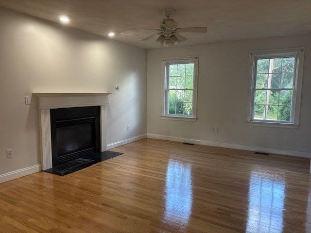 Empty room, Fireplace, Interior, Recessed Lighting, Wood Texture Flooring