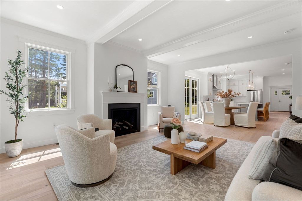 Chandelier, Dining room, Fireplace, Interior, Kitchen, Living room, Pendant Lights, Recessed Lighting, Wood Texture Flooring