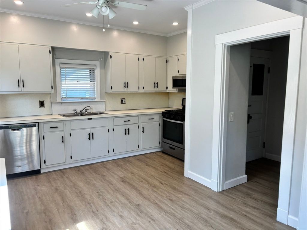 Interior, Kitchen, Recessed Lighting, Stainless Steel Appliances, Wood Texture Flooring