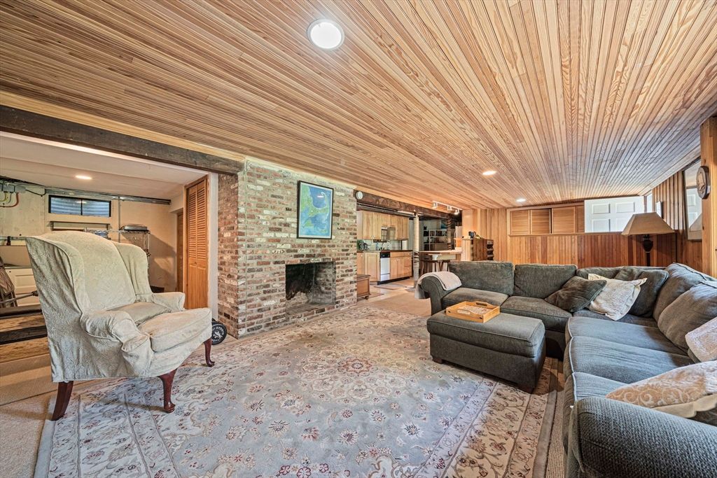 Fireplace, Interior, Kitchen, Living room, Recessed Lighting, Stone Walls, Wooden Ceilings