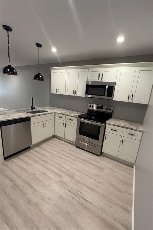Interior, Kitchen, Pendant Lights, Recessed Lighting, Stainless Steel Appliances, Wood Texture Flooring