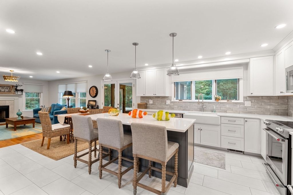 Dining room, Fireplace, Interior, Kitchen, Living room, Pendant Lights, Recessed Lighting, Stainless Steel Appliances