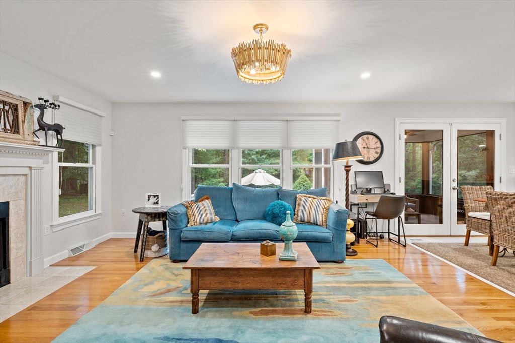 Chandelier, Fireplace, Home Office, Interior, Living room, Recessed Lighting, Wood Texture Flooring