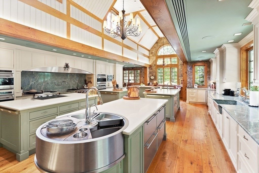 Chandelier, Interior, Kitchen, Recessed Lighting, Stainless Steel Appliances, Wooden Beams, Wood Texture Flooring