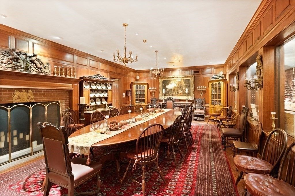 Chandelier, Dining room, Fireplace, Interior, Kitchen, Recessed Lighting, Wooden Walls