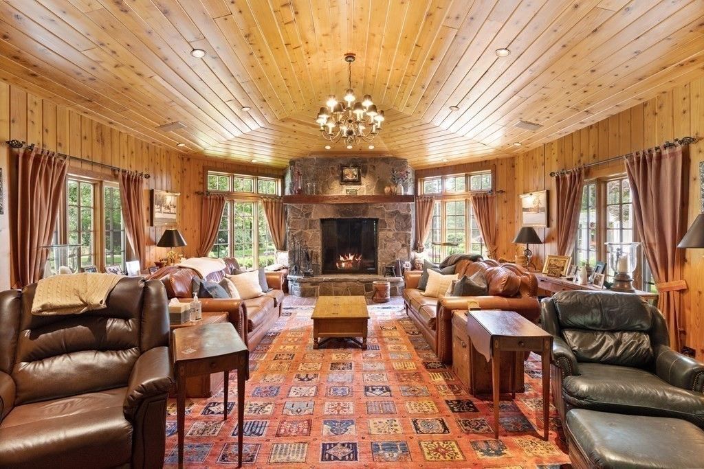 Chandelier, Fireplace, Interior, Living room, Recessed Lighting, Wooden Ceilings, Wooden Walls