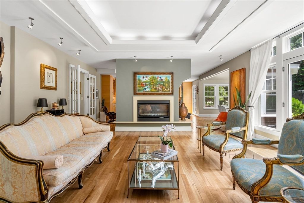 Fireplace, Interior, Living room, Recessed Lighting, Wood Texture Flooring
