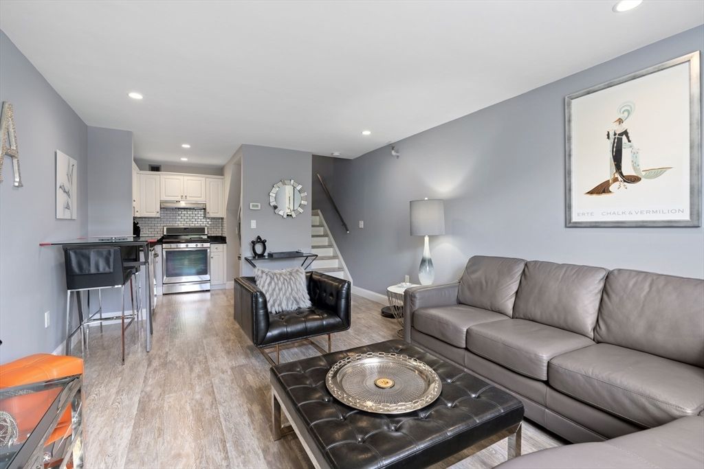 Interior, Kitchen, Living room, Recessed Lighting, Stainless Steel Appliances, Wood Texture Flooring