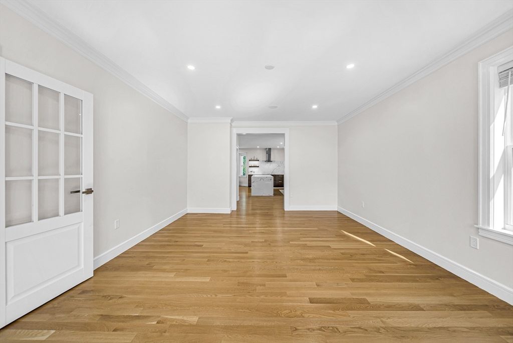 Empty room, Interior, Kitchen, Recessed Lighting, Wood Texture Flooring