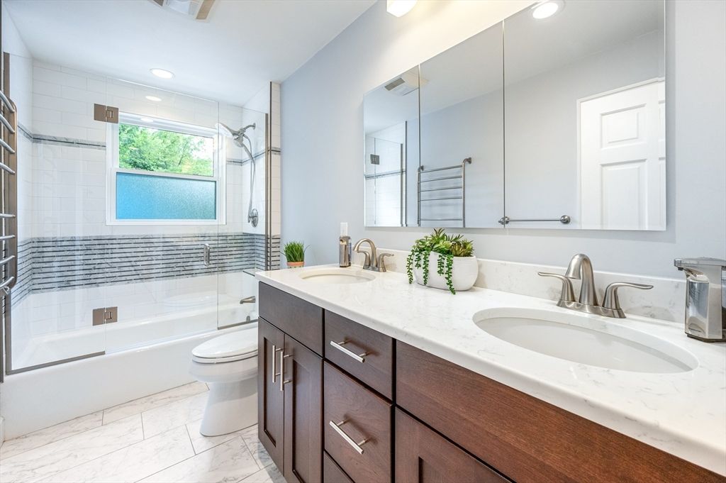 Bathroom, Dual Sink Vanities, Glass Shower, Interior, Marble, Recessed Lighting