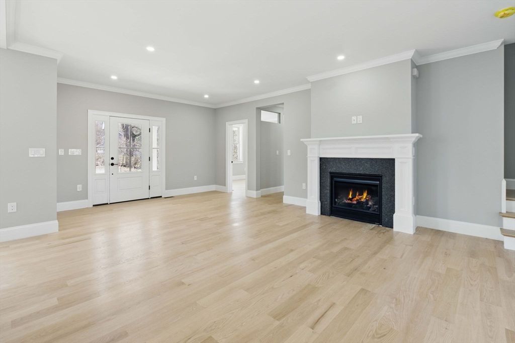 Empty room, Fireplace, Interior, Recessed Lighting, Wood Texture Flooring
