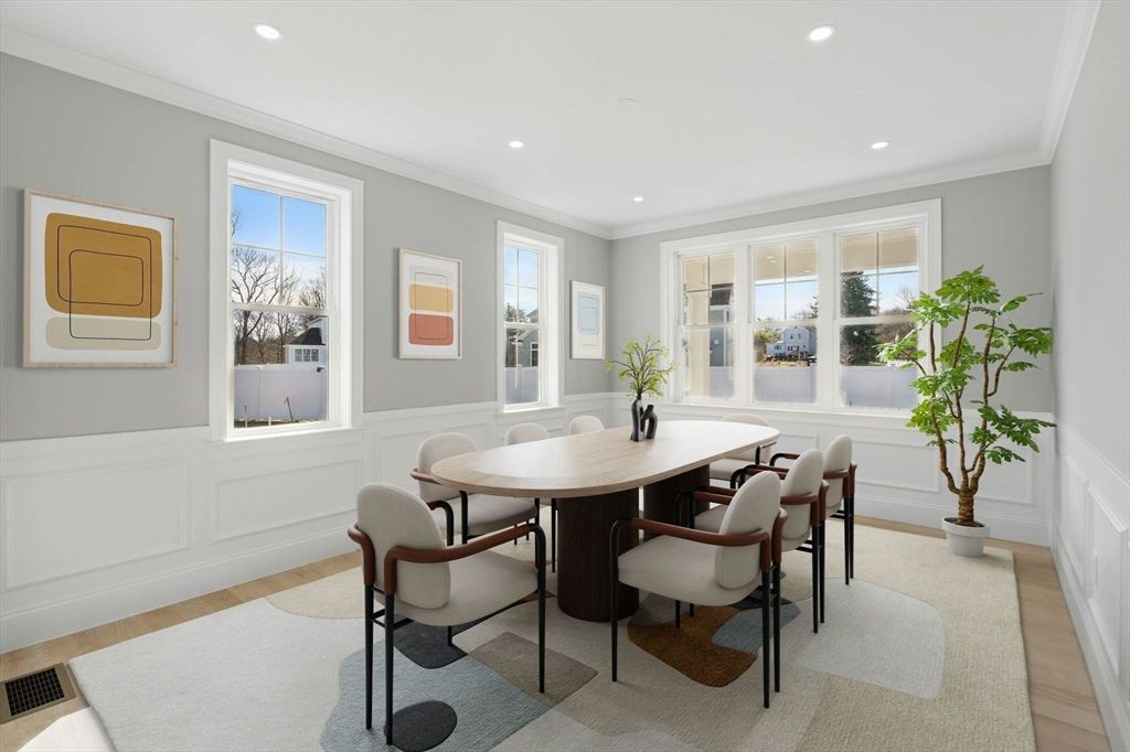 Dining room, Interior, Recessed Lighting, Wood Texture Flooring
