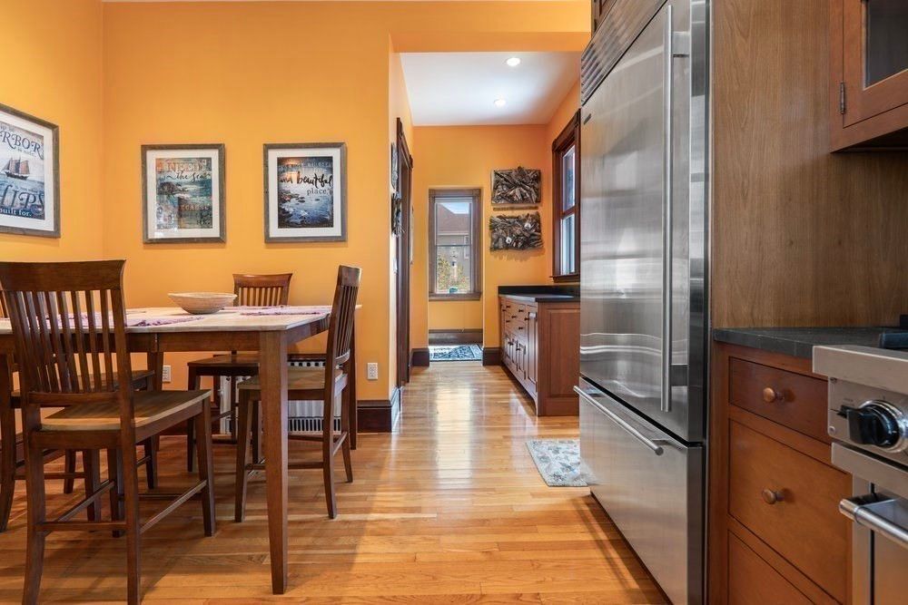 Dining room, Interior, Kitchen, Recessed Lighting, Stainless Steel Appliances, Wood Texture Flooring